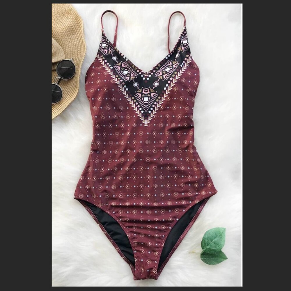 Never Separate Print Cupshe One Piece Burgandy Bathing Suit Size M